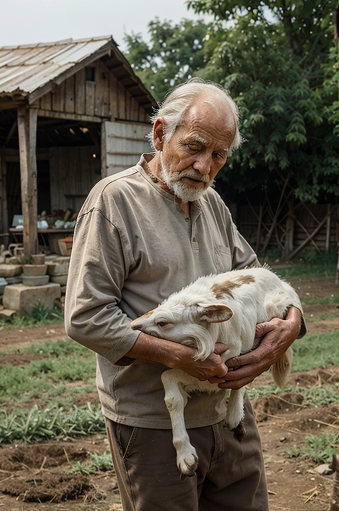 An Old man in Farm with a Goat