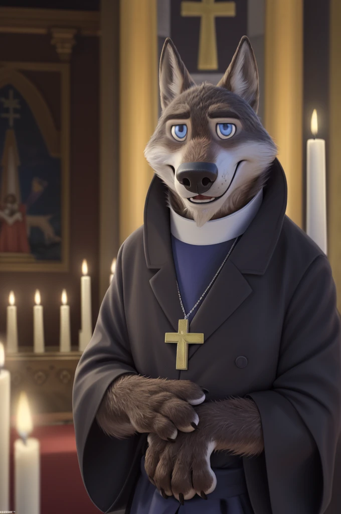 Larry (Zootopia), wolf, Gray Fur, (brown body:1.3), beautiful blue eyes, Zootopia, Pope, Catholic priest,pectoral cross white collar, canine,wolf, detailed fur, male, second, paw pads, claws, looks at the viewer, 5 fingers, paws, 4 toes, in churches, candles altar,Catholic Church, Vatican,
BREAK from nextel, for dating, by xenoforge, (difficult, high detail,digital photography, soft focus, RAW, close to the camera, smile, positive, Good, mood, Houses, looks at the viewer, очень close to the camera, Pope.
Photorealism, realistic, photorealistic,digital style, Subsurface scattering,очень close to the camera
шедевр, Best quality, ultra realistic, 8 thousand.)