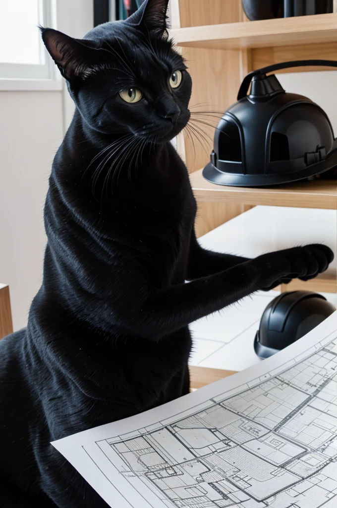 Black cat wearing architect helmet while reviewing plans 