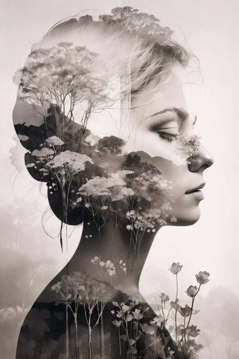 Fill in the outlines of the figures with delicate flowers, Create a poetic and romantic double exposure，Symbolizes the connection between humans and nature.