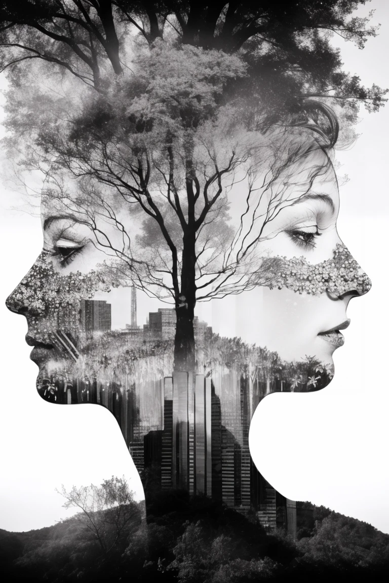 Fill in the outlines of the figures with delicate flowers, Create a poetic and romantic double exposure,Symbolizes the connection between humans and nature.