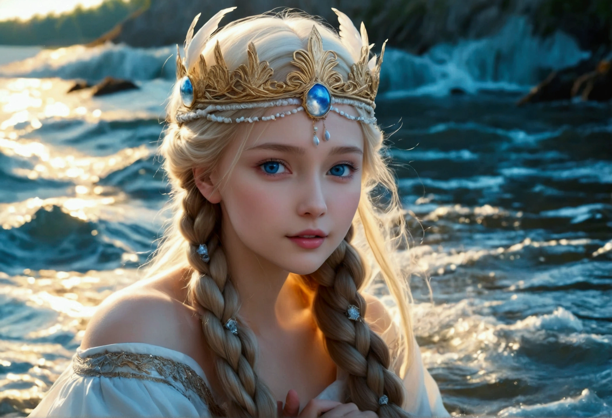 there is one girl coming out of the sea, the Swan Princess from Russian mythology, a beautiful calm face, blue eyes, blond long hair braided into one braid, the moon moon is woven into the hair on the back of the head, white old Russian shining clothes, a kokoshnik crown on her head, an affectionate look, a half-smile, a gentle expression on his face, a background seascape and sunlight, seagulls in the sky, full-length, Photorealism