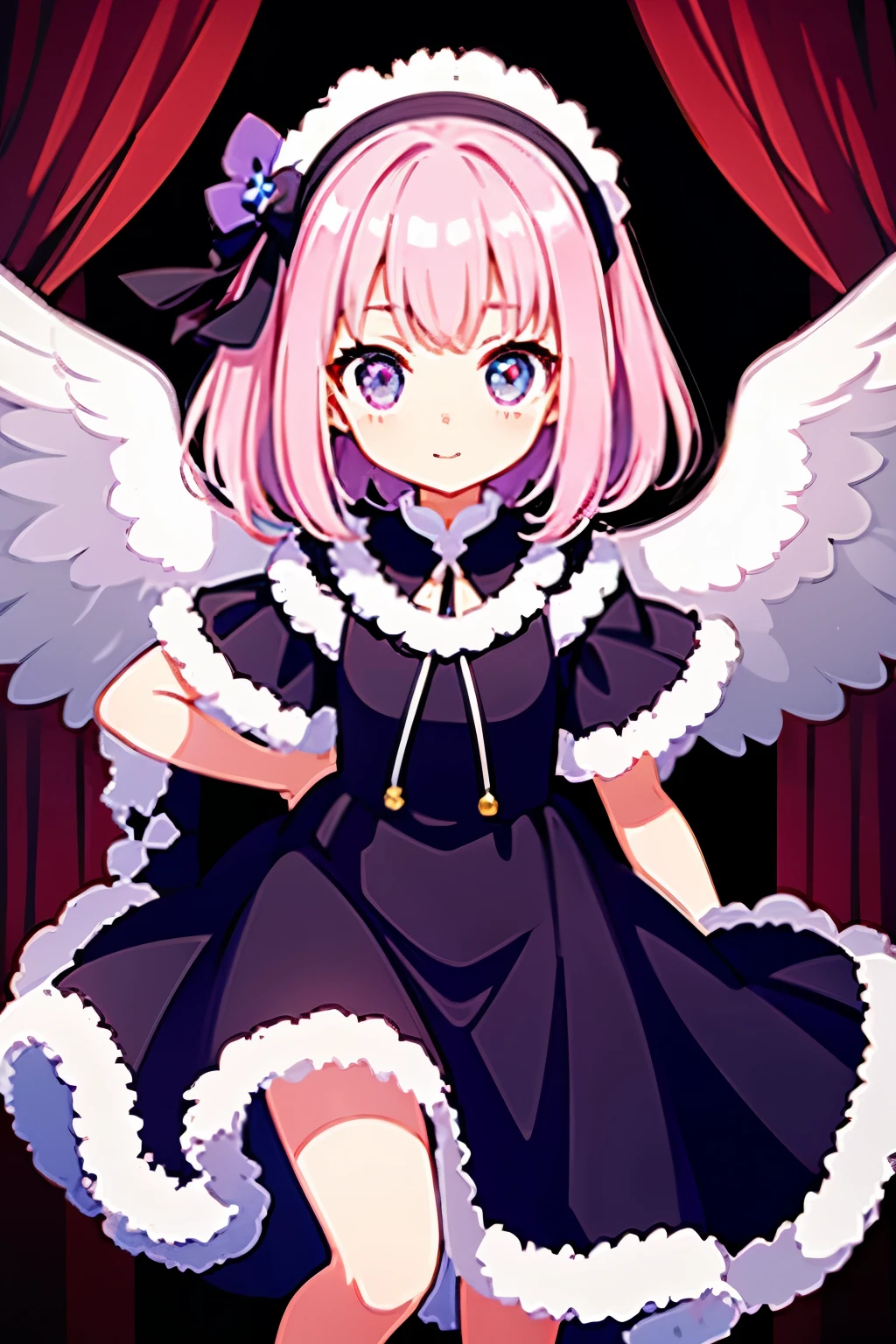 CUTE AND TENDER GIRL, chibi style, pink hair, black and blue clothes, FRONT STOP, whole body, Beautiful eyes,