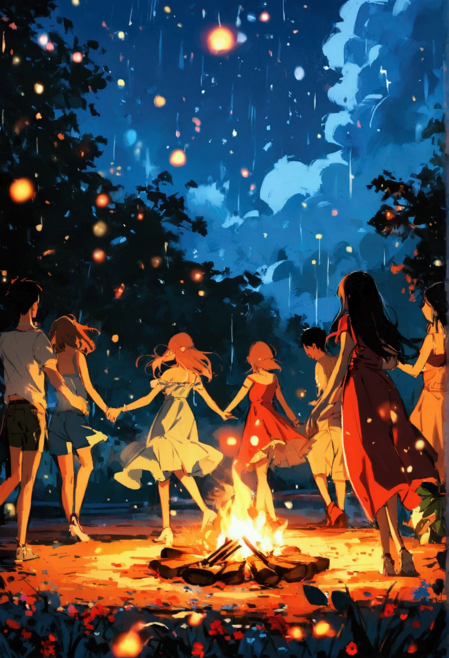 Let's dance in a circle, young people, bonfire at night, summer vacation, distant view, best picture quality