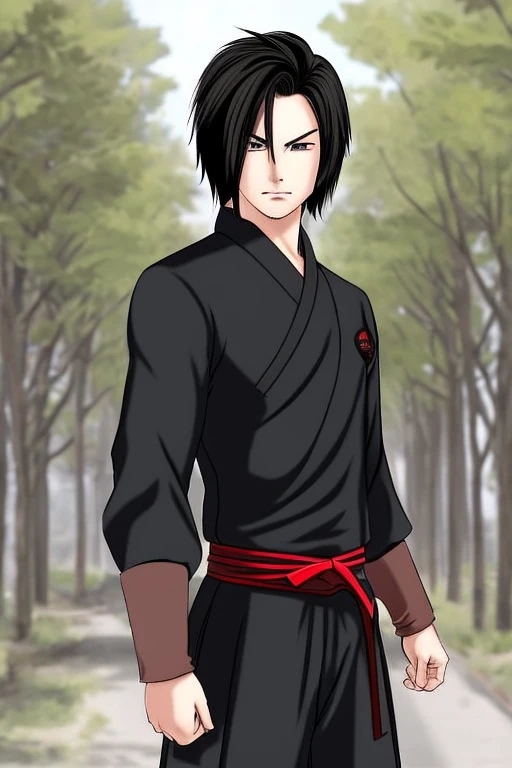 

" manga style character: A 22-year-old male martial artist named Ryuu Takeda. He stands 1.80 meters tall with an athletic, well-defined build. He has a square jaw, piercing dark eyes, thick eyebrows, and a light scar on his left cheek. His black hair is slightly long and messy, often tied in a small ponytail. He wears functional training clothes like sleeveless shirts and training pants. In combat, he dons a traditional white martial arts gi with black and red details, and a black belt. His expression is determined and serious, reflecting his disciplined and honorable nature."
