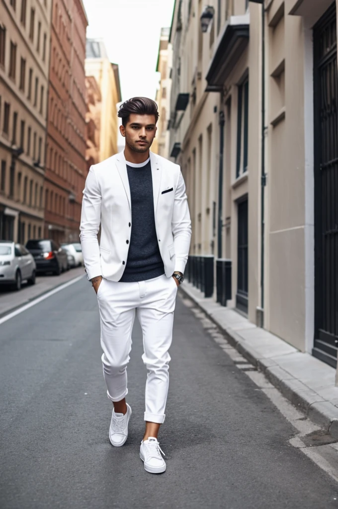 Make an original outfit with white sneakers and dark pants for a man