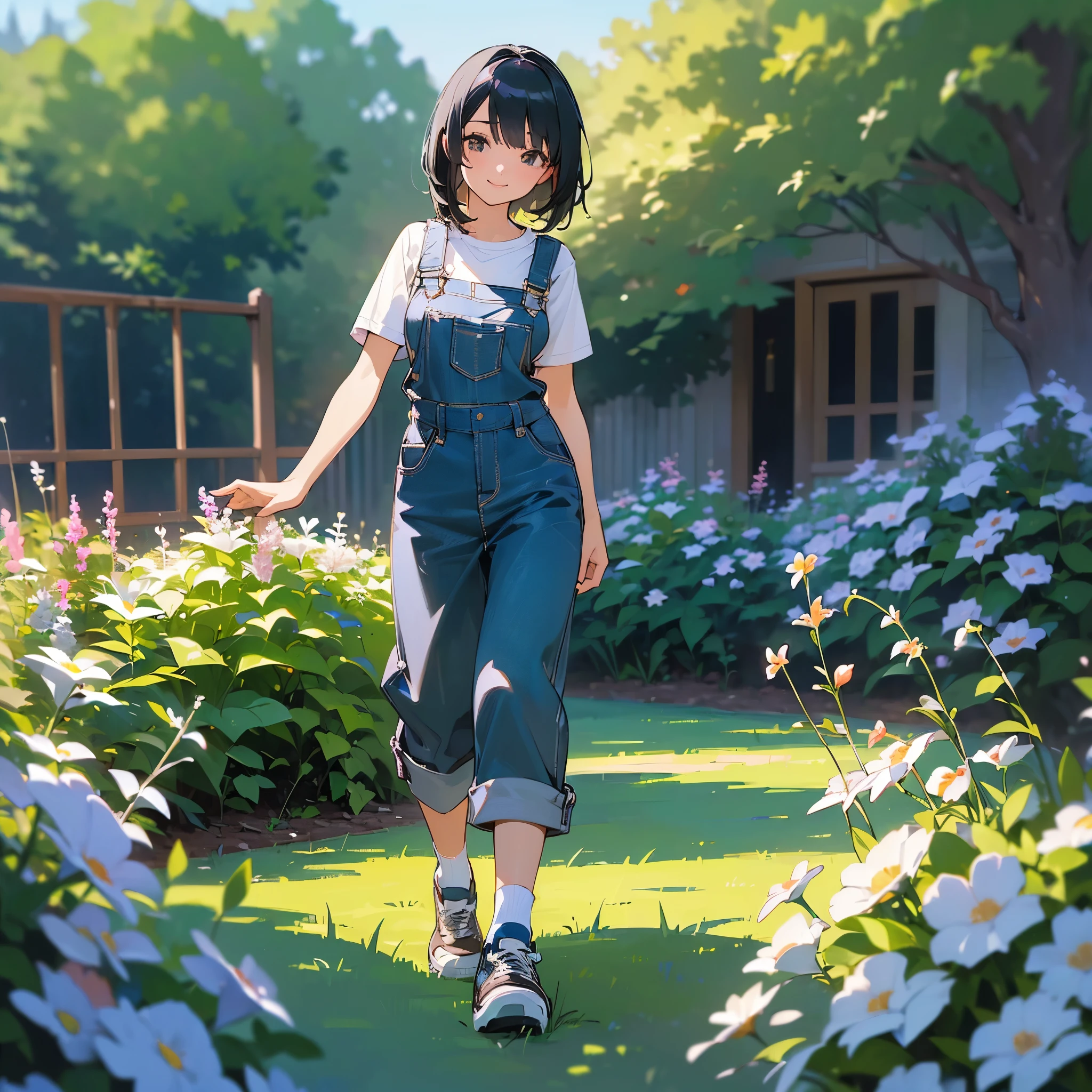 (high quality, High resolution, Very detailed, reality:1.37), Peaceful atmosphere, (Outdoor, garden), age girl standing alone, (my breasts are big.), Beautiful details, Cute Smile, (Black bob hair), Short sleeve shirt, Overalls, Blue socks, sneakers.