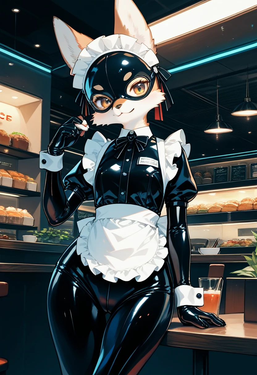 Highest quality, Highest quality, High quality illustrations, masterpiece, Ultra-high resolution, Detailed Background, Cafe, Absurd, Perfect Anatomy, performance, Good lighting, Shadows in the movies(kemono, Furry Personifi猫ion), Blueskin, Rubber suit, Rubber suit, latex, neon, neonライト, neonカラー, Rubber maid outfit, ribbon, Rubber mask