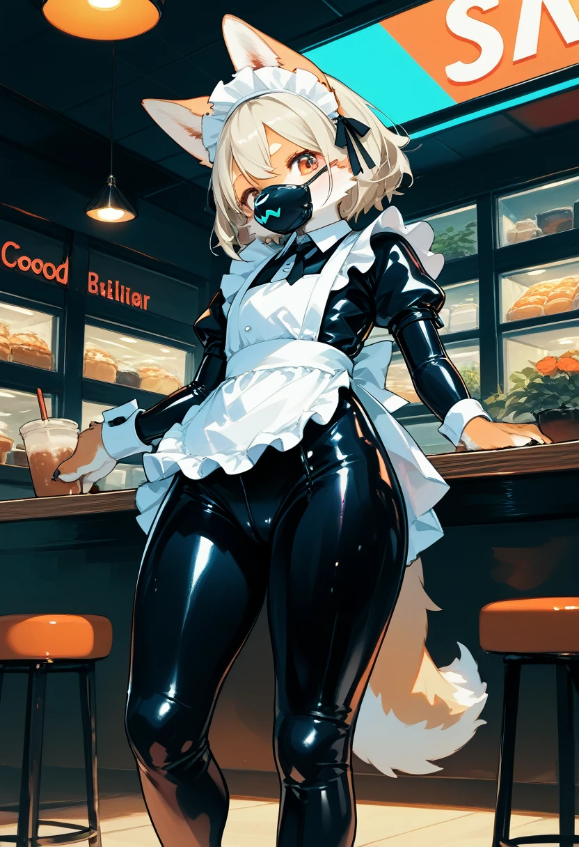 Highest quality, Highest quality, High quality illustrations, masterpiece, Ultra-high resolution, Detailed Background, Cafe, Absurd, Perfect Anatomy, performance, Good lighting, Shadows in the movies(kemono, Furry Personifi猫ion), Blueskin, Rubber suit, Rubber suit, latex, neon, neonライト, neonカラー, Rubber maid outfit, ribbon, Rubber mask
