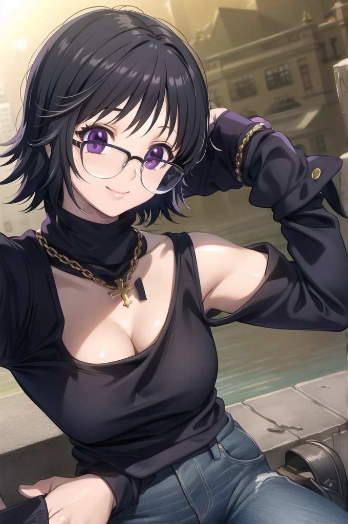 1girl, (masterpiece:1.3), (high resolution), (8K), (extremely detailed), (4k), (pixiv), perfect face, nice eyes and face, (best quality), (super detailed), detailed face and eyes, (solo), textured skin, absurdres, highres, shizukuwz, glasses, pants, jeans, black hair, short hair, cross necklace, sleeveless, turtleneck, black sweater, purple eyes, inverted cross, pov, selfie, smile, nature, city, sunlight,