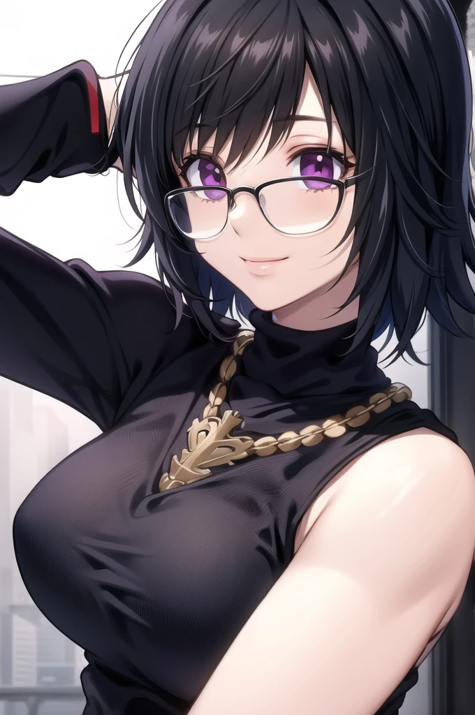 1girl, (masterpiece:1.3), (high resolution), (8K), (extremely detailed), (4k), (pixiv), perfect face, nice eyes and face, (best quality), (super detailed), detailed face and eyes, (solo), textured skin, absurdres, highres, shizukuwz, glasses, pants, jeans, black hair, short hair, cross necklace, sleeveless, turtleneck, black sweater, purple eyes, inverted cross, pov, selfie, smile, nature, city, sunlight,