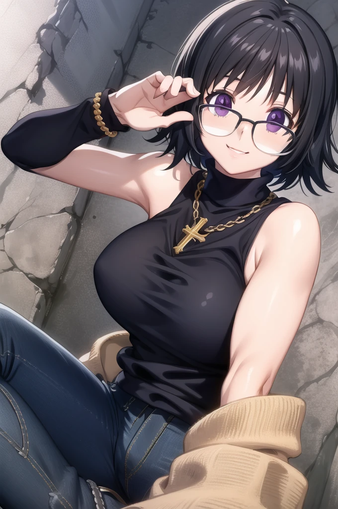 1girl, (masterpiece:1.3), (high resolution), (8K), (extremely detailed), (4k), (pixiv), perfect face, nice eyes and face, (best quality), (super detailed), detailed face and eyes, (solo), textured skin, absurdres, highres, shizukuwz, glasses, pants, jeans, black hair, short hair, cross necklace, sleeveless, turtleneck, black sweater, purple eyes, inverted cross, pov, selfie, smile, nature, city, sunlight,