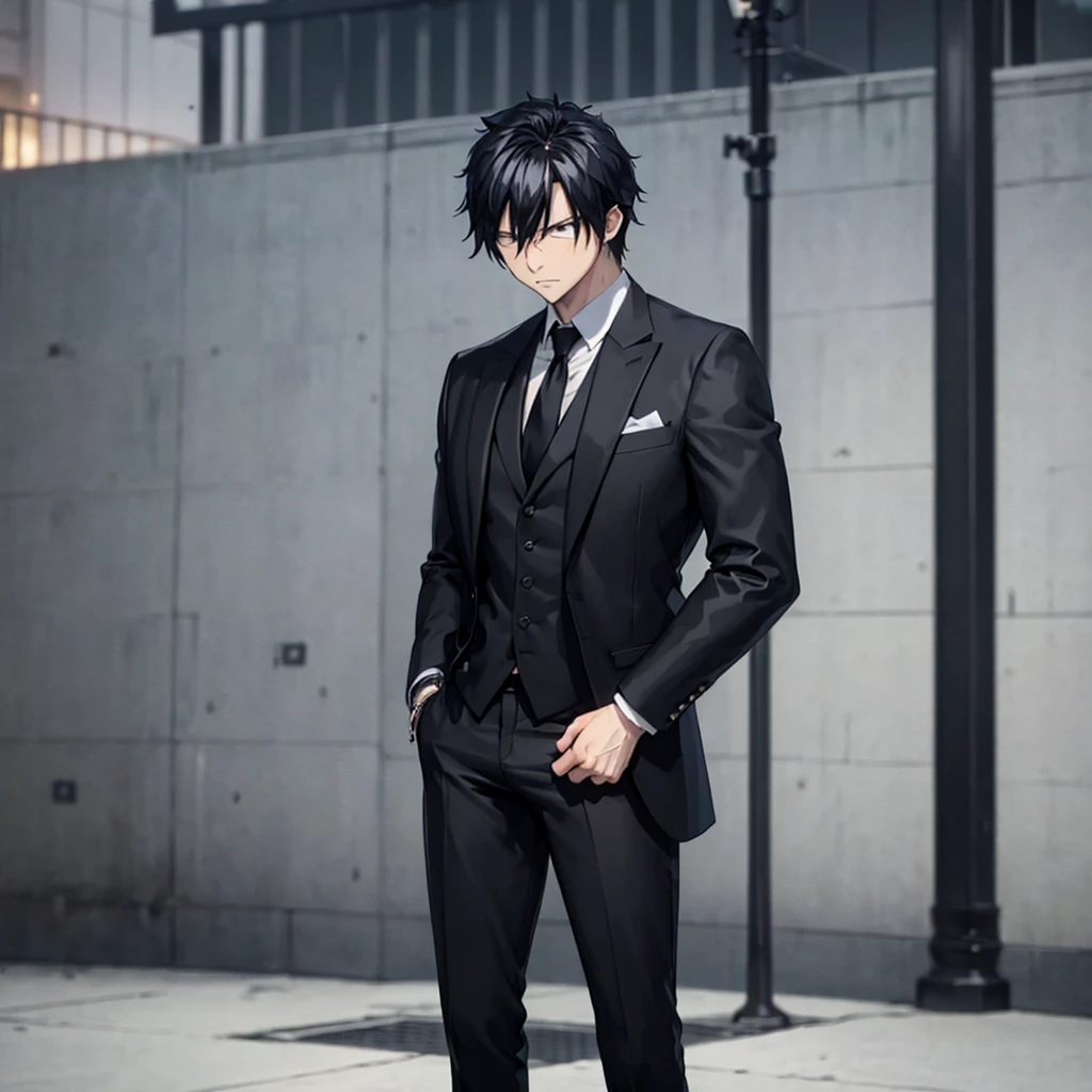 A man wearing a black suit and black tie, black hair, black pants, black shoes, muscular, full body