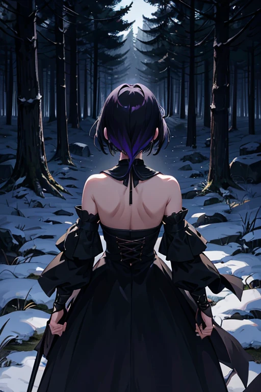 shadow covered girl, covered in shadows, lack shadows in background Anime girls, carrying katana, anime, short black hair with neon purple highlights, hair is above shoulder height, smooth beautiful, 4k, anime art, pendant on hair, cross t necklace, vivid blue dress, battle armor golden armor, little clothing (( Deep in the forest there are stone angels all black and dark, anime dark styler,girl walking forward, camera on the back girl, view from the back, dark colors for the environment, gloomy environment))In this image, we see a girl walking boldly in a dark forest at night. The camera is positioned behind her, highlighting her solitary figure in contrast to the dark surroundings. Her long, loose hair flows in the wind, while her dress and cape add a sense of mystery and vulnerability. Holding a torch, revealing a determined but also vulnerable expression. The image quality is sharp, capturing every detail of the scene and conveying a palpable sense of tension and emotion.(