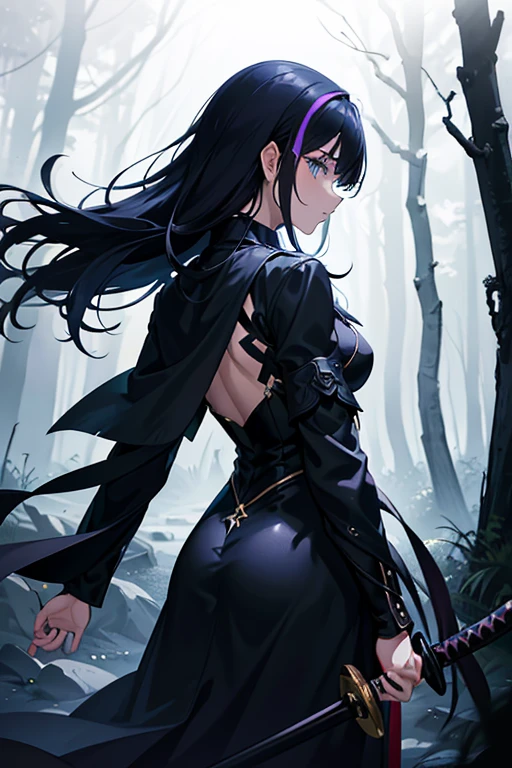 shadow covered girl, covered in shadows, lack shadows in background Anime girls, carrying katana, anime, short black hair with neon purple highlights, hair is above shoulder height, smooth beautiful, 4k, anime art, pendant on hair, cross t necklace, vivid blue dress, battle armor golden armor, little clothing (( Deep in the forest there are stone angels all black and dark, anime dark styler,girl walking forward, camera on the back girl, view from the back, dark colors for the environment, gloomy environment))In this image, we see a girl walking boldly in a dark forest at night. The camera is positioned behind her, highlighting her solitary figure in contrast to the dark surroundings. Her long, loose hair flows in the wind, while her dress and cape add a sense of mystery and vulnerability. Holding a torch, revealing a determined but also vulnerable expression. The image quality is sharp, capturing every detail of the scene and conveying a palpable sense of tension and emotion.(