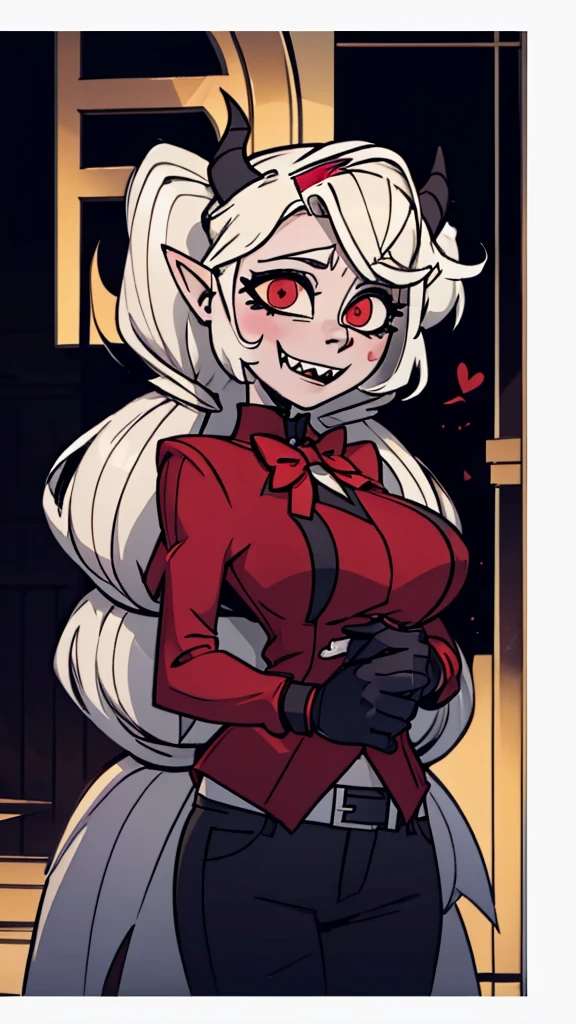 Elfa gato linda surreal, cabelos muito ruivos e detalhados, rosto detalhado, grandes chifres de demonio, gorda, corpo inteiro, grandes olhos, nariz longos e pontudos, colettetrixie, sharp teeth, hair over one eye, hairband, demon horns, colored sclera, purple shirt, purple shorts, demon wings, 1girl, long hair, pointy ears, twintails, jewelry, elf, earrings, capelet, white capelet, long sleeves, parted bangs, dress, belt, flower, gloves, puffy short sleeves, red eyes and blue eyes, striped, very big tits, very very big ass, very chubby, 8k, hd, hdr, mostrando o umbigo, blush stickers, red eyes, black bowtie