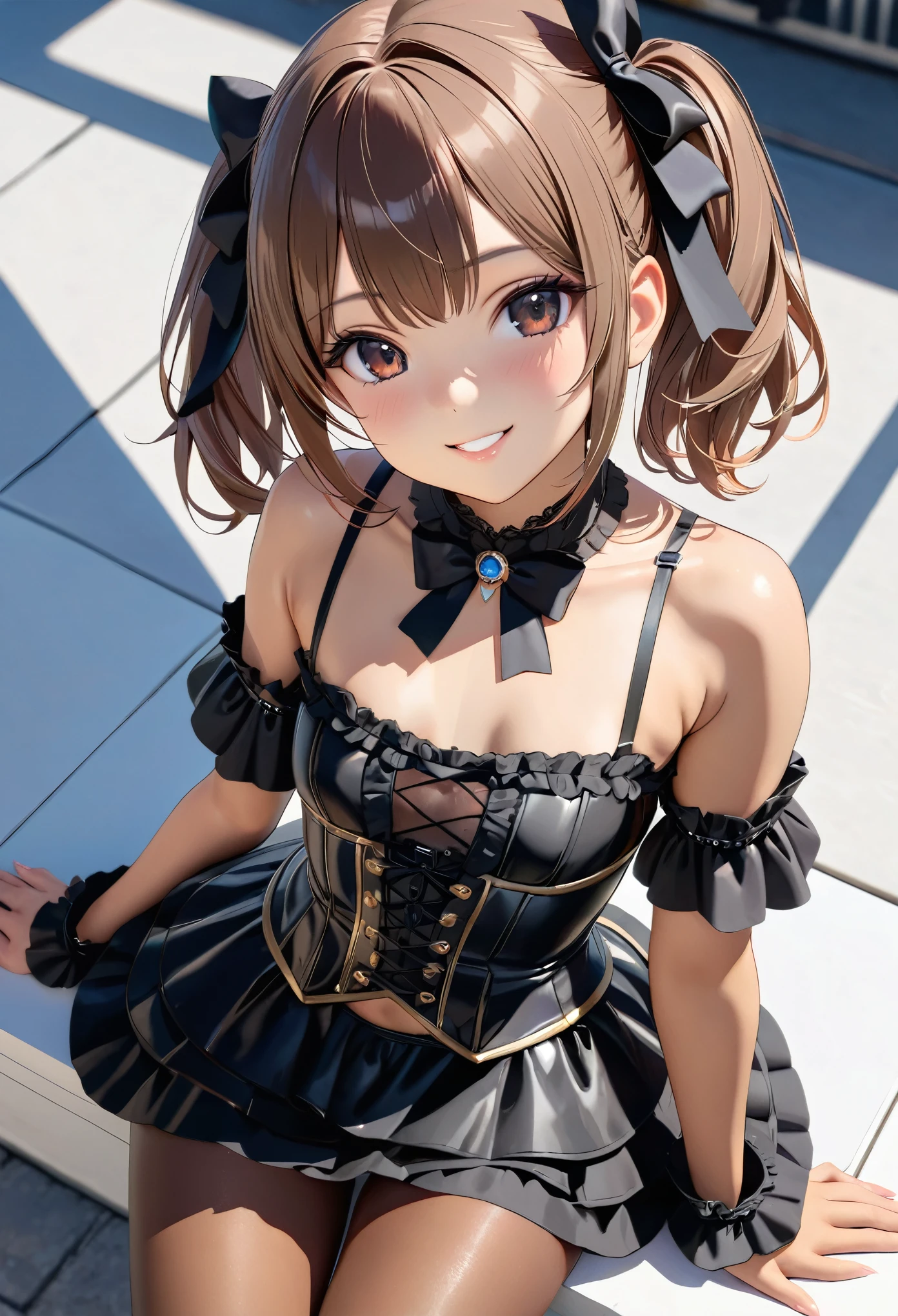 (masterpiece, 8K, photorealistic, Raw photo, best quality, ultra high resolution: 1.2), (1 girl), (solo), (10 year old female of Photorealistic anime girl), (hair ribbon, one-piece tan, breastless clothes, detached sleeves, corset, mini skirt, frills), (cute, little:1.5), (very beautiful face:1.5), (Beautiful face with perfect symmetry:1.2), (cute face:1.5), (small natural breasts:1.4), (wonderful smile:1.5), (tanned skin, high detail skin: 1.5), (perfect anatomy), (Beautiful Dark brown short tiered hair, V cut with layers and bangs:1.2), ((Beautiful black eyes:1.5)), (Soft atmosphere characteristics), (Gothic Lolita Fashion, see-through camisole, side tie panties, black pantyhose, high heels:1.4), ((perfect Pause)), (Face close-up:1.5), volume lighting, soft light, bright,