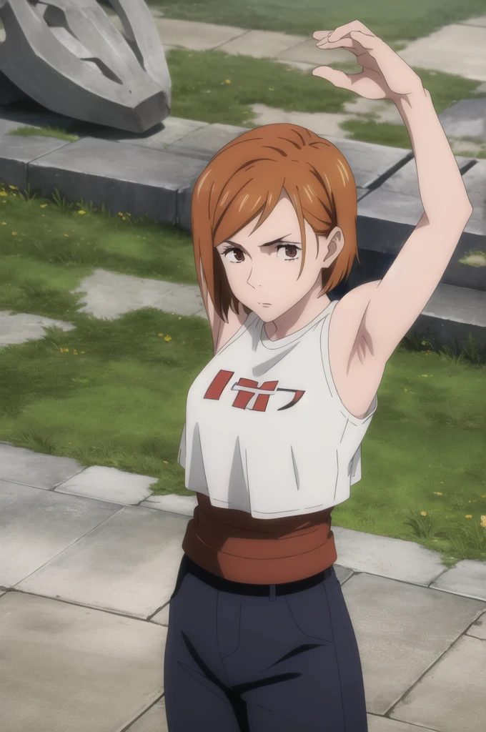 (masterpiece), (best quality), (ultra-detailed), (best illustration), (best shadow), (absurdres), (((brown eyes))), nobarakugisakinova, short hair, orange hair, kugisaki nobara, ((pants, team shirt, short sleeveless)), 1girl, solo, bangs, closed mouth, upper body, (slim, defined musculature), looking at viewer, arms up, armpits visible, detailed armpits