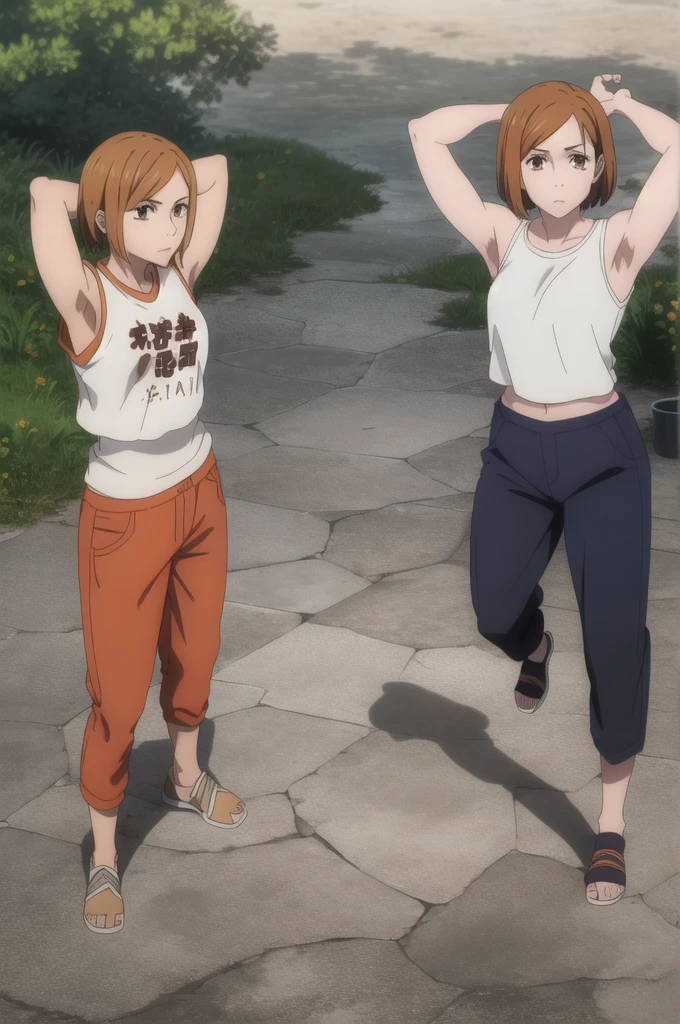 (masterpiece), (best quality), (ultra-detailed), (best illustration), (best shadow), (absurdres), (((brown eyes))), nobarakugisakinova, short hair, orange hair, kugisaki nobara, ((pants, team shirt, short sleeveless)), 1girl, solo, bangs, closed mouth, upper body, (slim, defined musculature), looking at viewer, arms up, armpits visible, detailed armpits