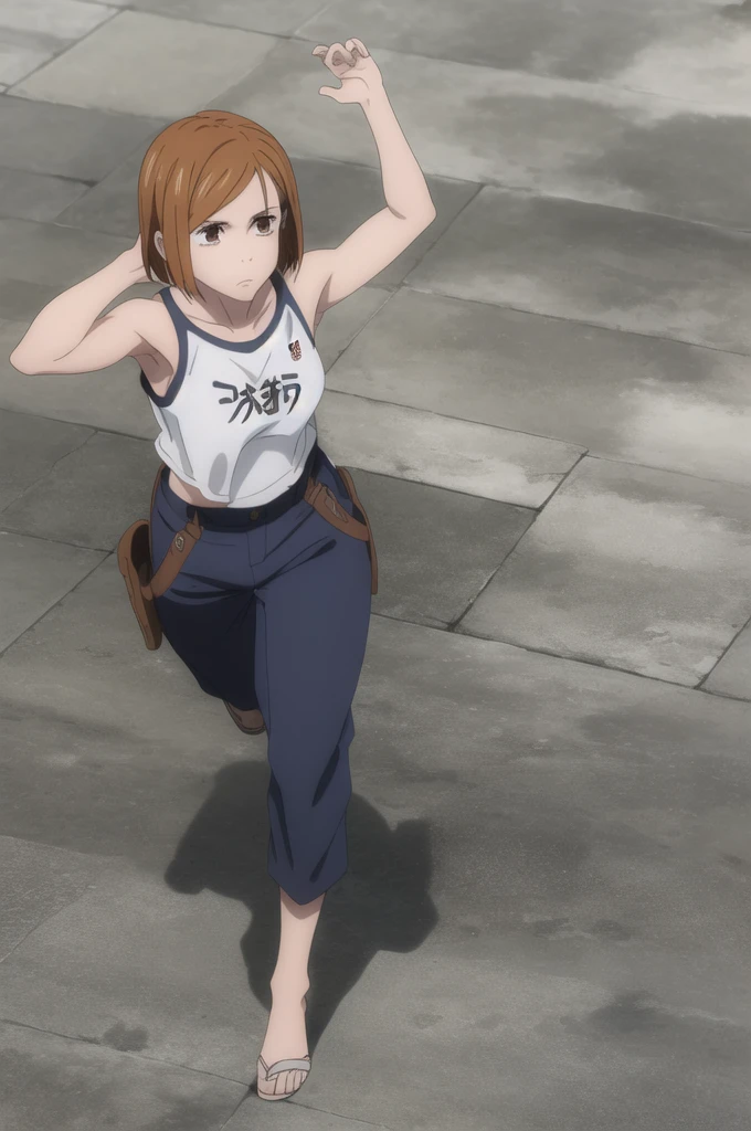 (masterpiece), (best quality), (ultra-detailed), (best illustration), (best shadow), (absurdres), (((brown eyes))), nobarakugisakinova, short hair, orange hair, kugisaki nobara, ((pants, team shirt, short sleeveless)), 1girl, solo, bangs, closed mouth, upper body, (slim, defined musculature), looking at viewer, arms up, armpits visible, detailed armpits