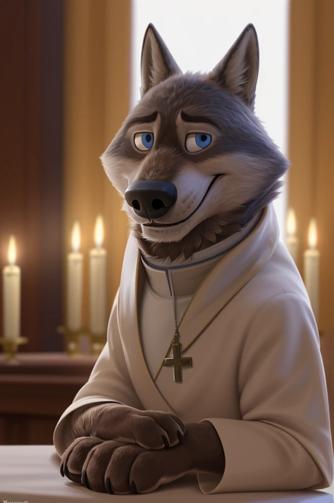 Larry (Zootopia), wolf, Gray Fur, (brown body:1.3), beautiful blue eyes, Zootopia,  Pope, Catholic priest,pectoral cross white collar, canine,wolf, detailed fur, male, second, paw pads, claws, looks at the viewer, 5 fingers, paws, 4 toes, in churches, candles altar,Catholic Church, Vatican, sits and prays, 
BREAK from nextel, for dating, by xenoforge, (difficult, high detail,digital photography, soft focus, RAW, close to the camera, smile, positive, Good, mood, Houses, looks at the viewer, очень close to the camera, Pope. 
Photorealism, realistic, photorealistic,digital style, Subsurface scattering,очень close to the camera
шедевр, Best quality, ultra realistic, 8 thousand.)