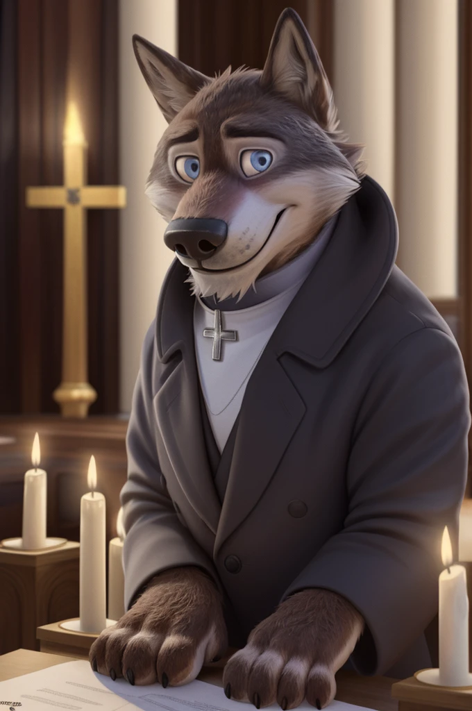 Larry (Zootopia), wolf, Gray Fur, (brown body:1.3), beautiful blue eyes, Zootopia, Pope, Catholic priest,pectoral cross white collar, canine,wolf, detailed fur, male, second, paw pads, claws, looks at the viewer, 5 fingers, paws, 4 toes, in churches, candles altar,Catholic Church, Vatican, sits and prays,
BREAK from nextel, for dating, by xenoforge, (difficult, high detail,digital photography, soft focus, RAW, close to the camera, smile, positive, Good, mood, Houses, looks at the viewer, очень close to the camera, Pope.
Photorealism, realistic, photorealistic,digital style, Subsurface scattering,очень close to the camera
шедевр, Best quality, ultra realistic, 8 thousand.)