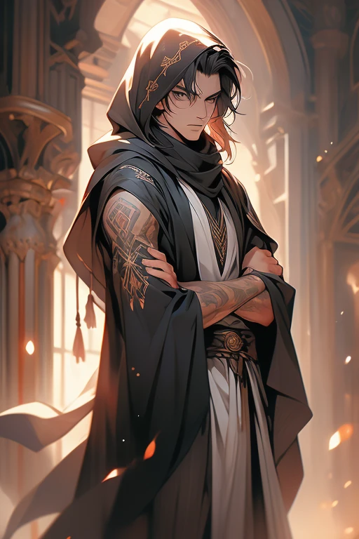 male, adult, black silky hair, grey eyes, beautiful face, handsome, tattoos, court wizard, hooded scarf, robes and trousers, rogue mage, medieval fantasy, embarrassed
