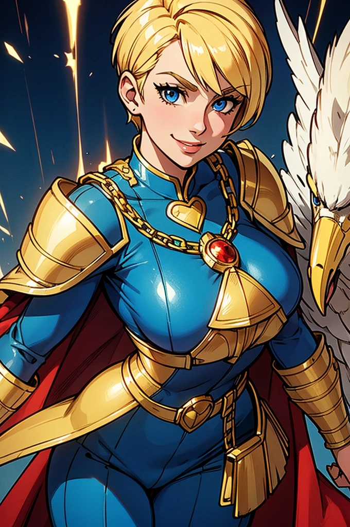 Young female, blonde with short hair, with big, bright blue eyes, wearing a blue costume, defined chest, wearing a golden shoulder pad in the shape of an eagle, with a golden chain running across his chest holding a red cape Smiling with blood splash on face and clothes