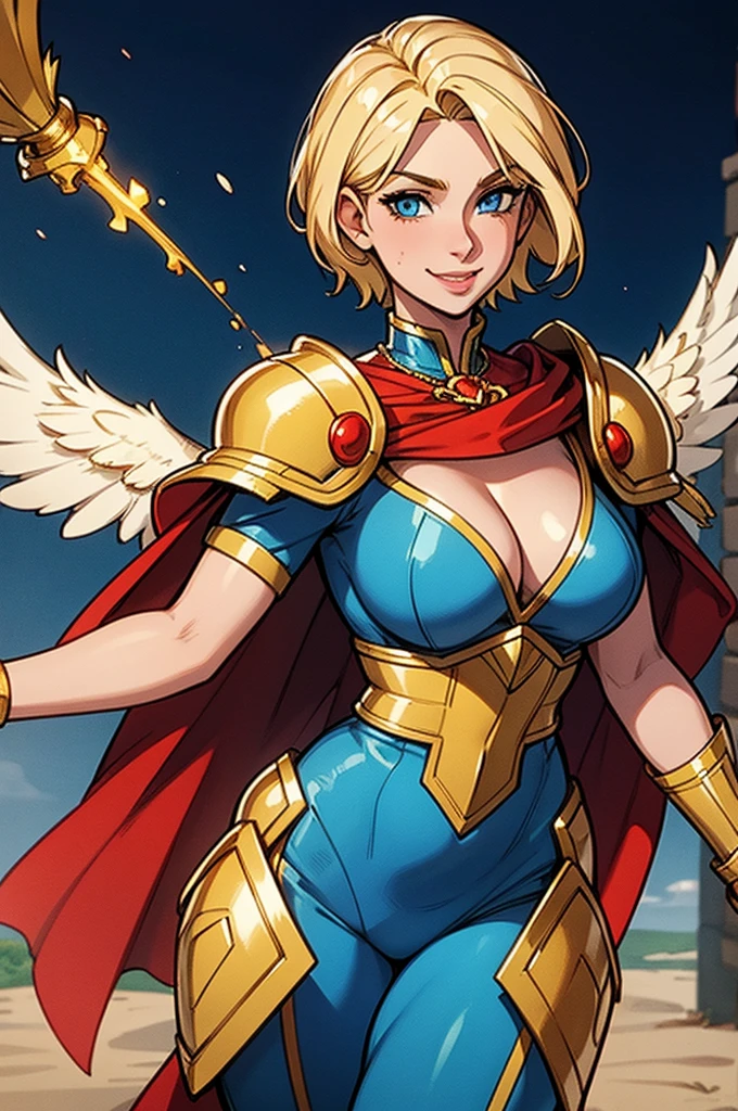 Young female, blonde with short hair, with big, bright blue eyes, wearing a blue costume, defined chest, wearing a golden shoulder pad in the shape of an eagle, with a golden chain running across his chest holding a red cape Smiling with blood splash on face and clothes