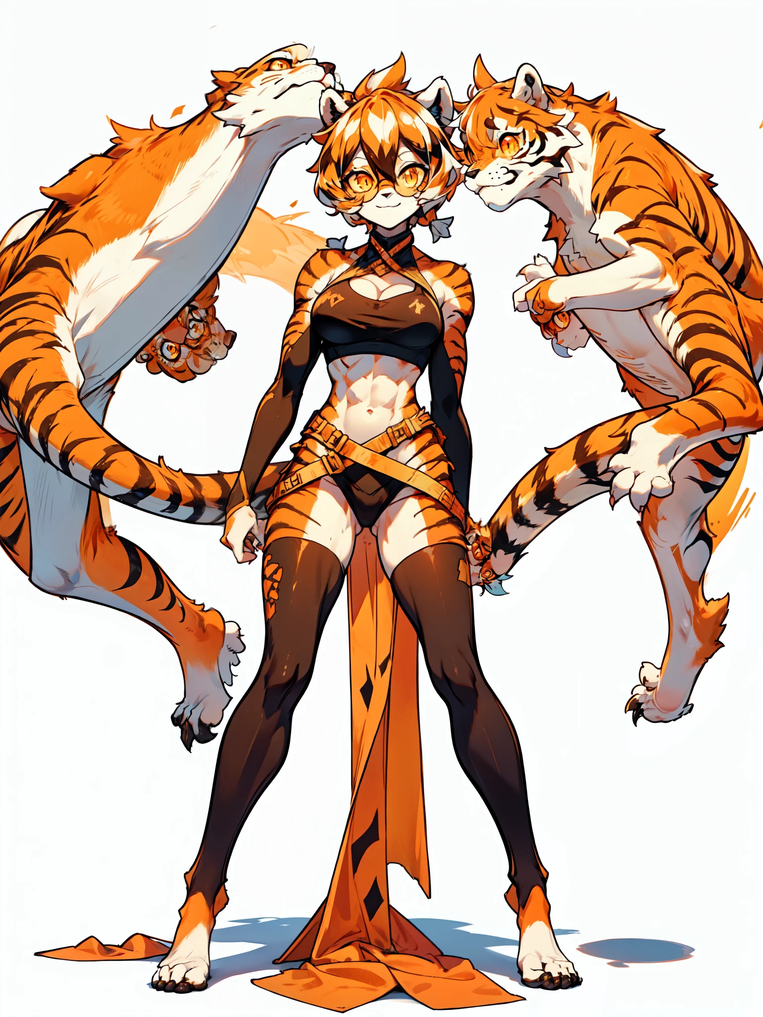 white background, full body, ((furry female:1.2)), Standing, animal ears, white hair, black hair, round eyewear, short hair, large breasts, muscle, tail, orange eyes, orange hair, multicolored hair, tiger girl, hair between eyes, tiger_ears, tiger_tail, orange-tinted_eyewear, tinted_eyewear, big breasts, evil smile, Shadows under feet, Abdominal muscles, (((Hooker outfit:1.2))), show body