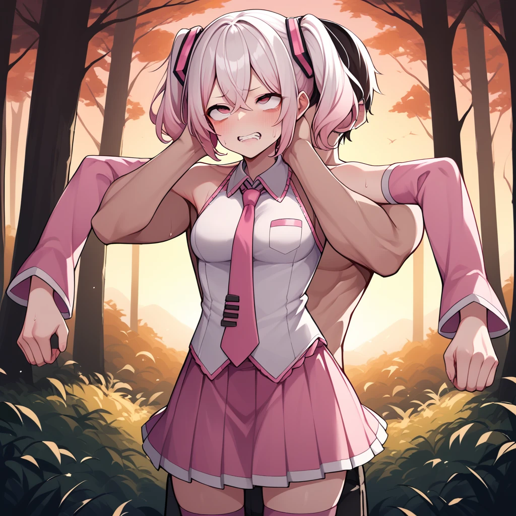 score_9, score_8_up, score_7_up, source_anime, sakuramiku, twintails, white shirt, sleeveless shirt, pink necktie, pink sleeves, detached sleeves, pink skirt, pink thighhighs, bare shoulders, outdoors, forest, sunset, orange sky, 1boy, 1girl, medium breasts, boy doing full nelson body scissors on girl, on back, sweat, rolling eyes, pain, clenched teeth, white hair, boy short hair, boy shirtless, strangling, squatting, 