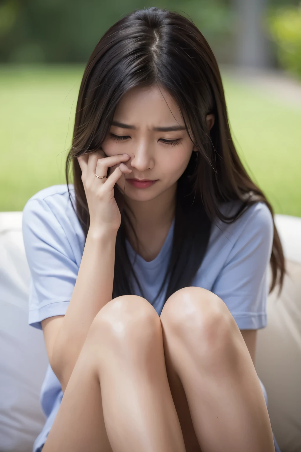 A woman in her 20s crying while looking at a photo