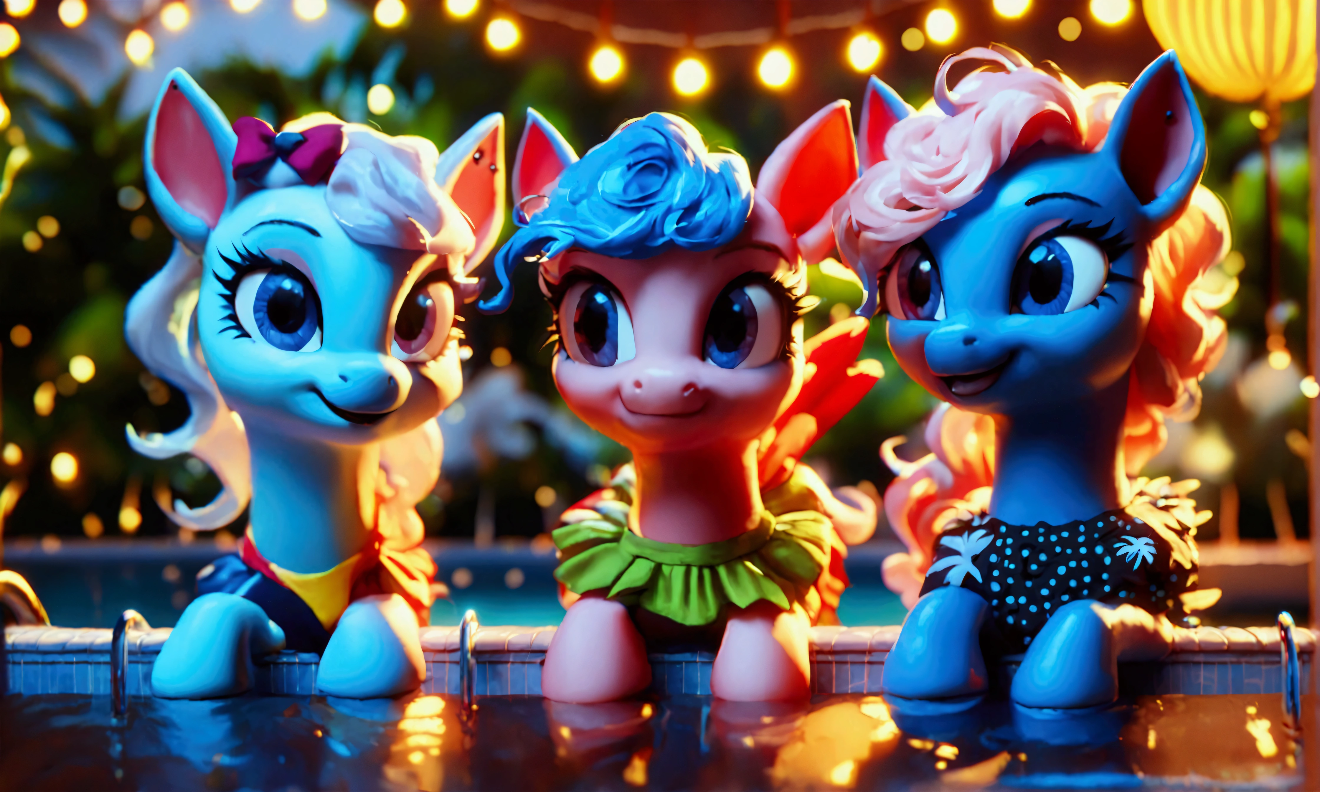 score_9, score_8_up, score_7_up, (three cute ponies dancing at edge of pool:1.4), (((pool party))), wearing Goth accessories, wavy hair, moonlit night, (ornate lamp:1.2), (((decorations))), summer dress with intricate design, tropical nature, (clouds:0.5), realistic retro artstyle, bright colors, rating_safe.