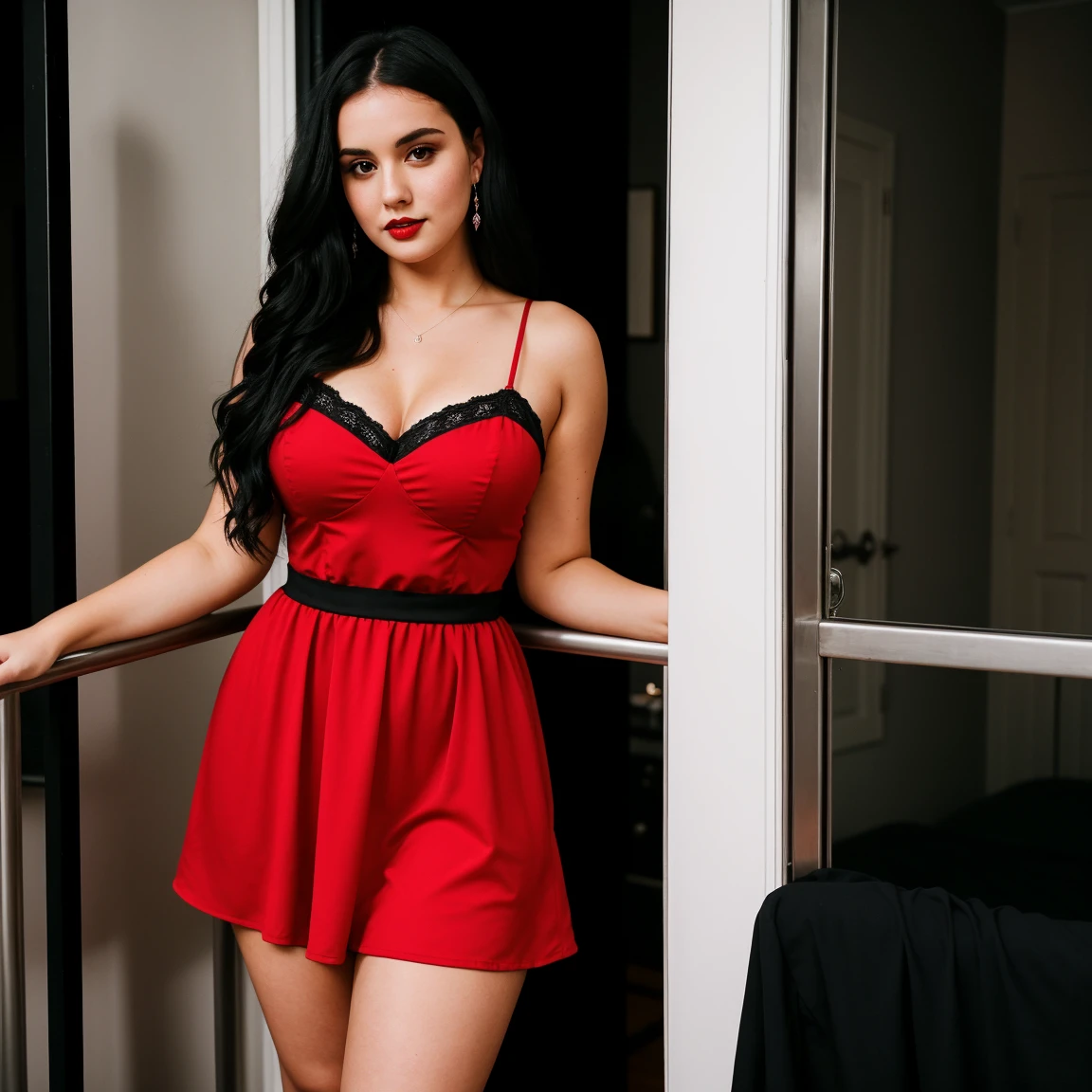 A very cute 25-year-old Australian woman, black hair, gothic, goth, big, big ass, pretty face, small waist, thick thighs, in a short dress, tight red dress, in a night apartment background, standing, ((best quality)), ((masterpiece)), (detailed), perfect face, capture to thighs