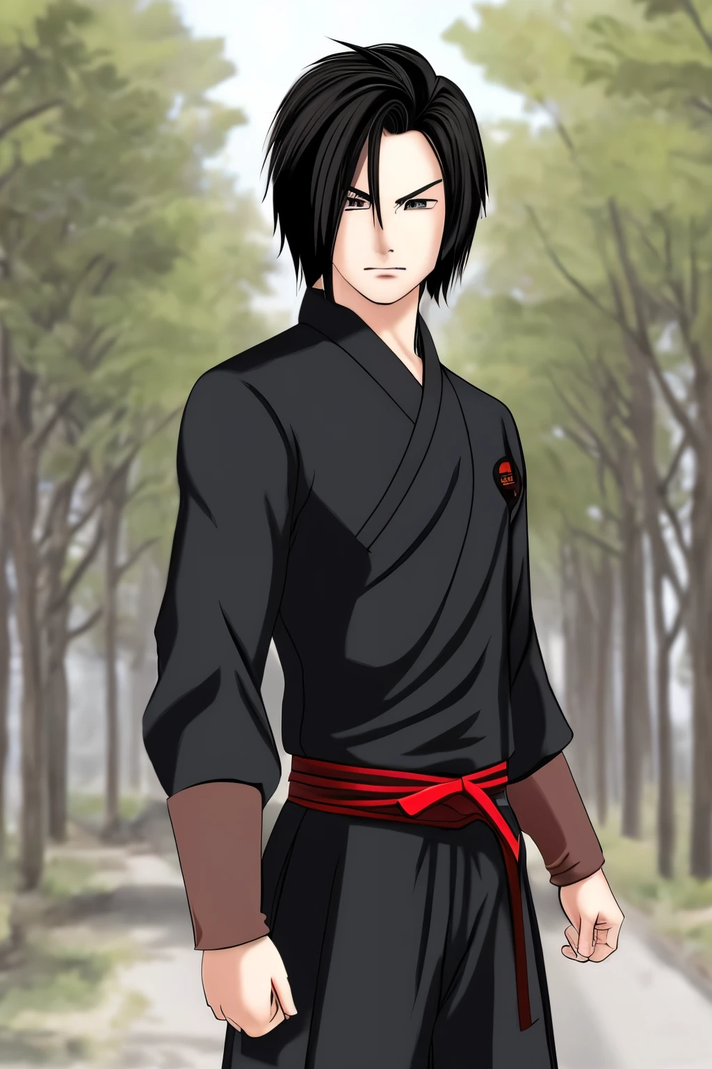 

" manga style character: A 22-year-old male martial artist named Ryuu Takeda. He stands 1.80 meters tall with an athletic, well-defined build. He has a square jaw, piercing dark eyes, thick eyebrows, and a light scar on his left cheek. His black hair is slightly long and messy, often tied in a small ponytail. He wears functional training clothes like sleeveless shirts and training pants. In combat, he dons a traditional white martial arts gi with black and red details, and a black belt. His expression is determined and serious, reflecting his disciplined and honorable nature."
