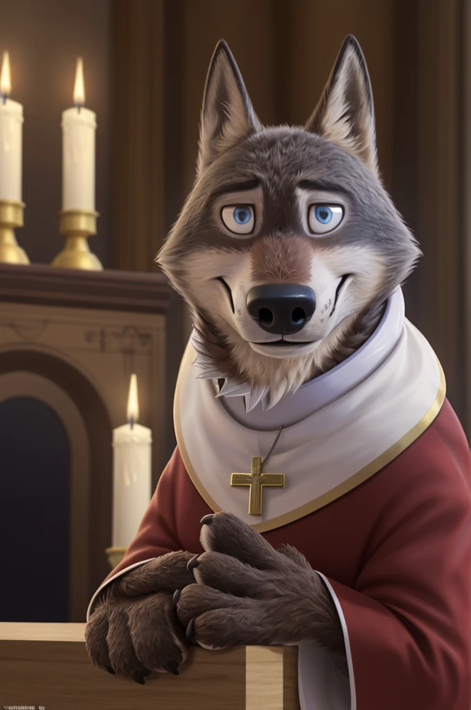 Larry (Zootopia), wolf, Gray Fur, (brown body:1.3), beautiful blue eyes, Zootopia, Pope, Catholic priest,pectoral cross white collar, canine,wolf, detailed fur, male, second, paw pads, claws, looks at the viewer, 5 fingers, paws, 4 toes, in churches, candles altar,Catholic Church, Vatican, sits and prays,
BREAK from nextel, for dating, by xenoforge, (difficult, high detail,digital photography, soft focus, RAW, close to the camera, smile, positive, Good, mood, Houses, looks at the viewer, очень close to the camera, Pope.
Photorealism, realistic, photorealistic,digital style, Subsurface scattering,очень close to the camera
шедевр, Best quality, ultra realistic, 8 thousand.)