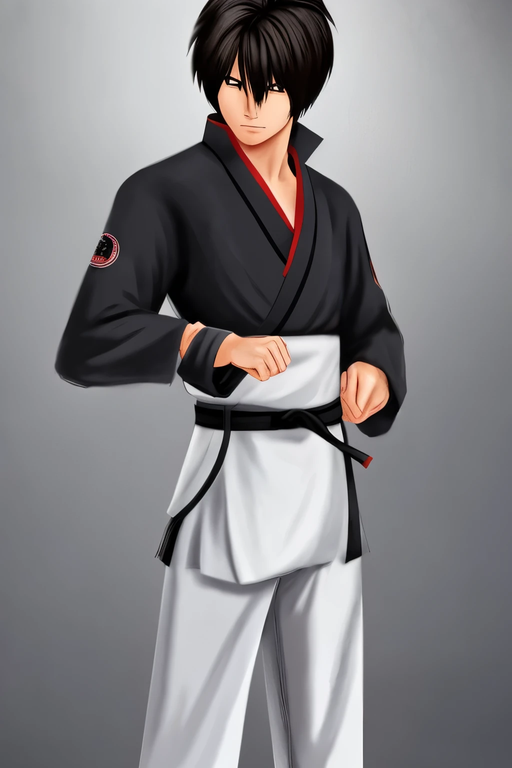 

" manga style character: A 22-year-old male martial artist named Ryuu Takeda. He stands 1.80 meters tall with an athletic, well-defined build. He has a square jaw, piercing dark eyes, thick eyebrows, and a light scar on his left cheek. His black hair is slightly long and messy, often tied in a small ponytail. He wears functional training clothes like sleeveless shirts and training pants. In combat, he dons a traditional white martial arts gi with black and red details, and a black belt. His expression is determined and serious, reflecting his disciplined and honorable nature."
