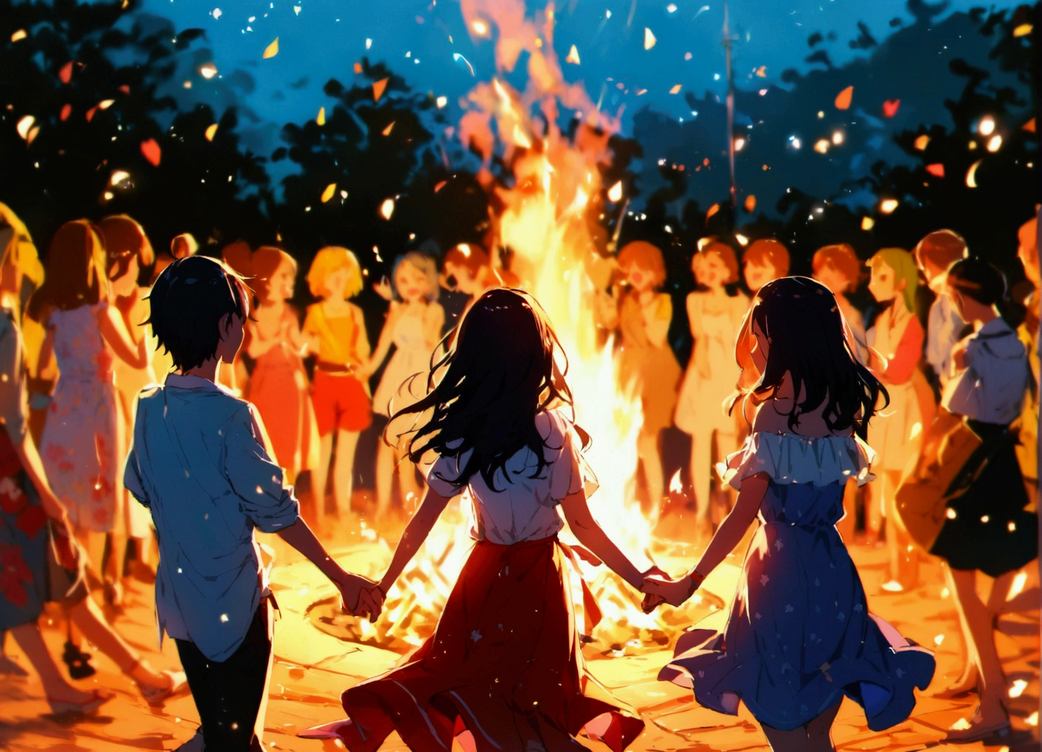 Let's dance in a circle, young people, bonfire at night, summer vacation, distant view, best picture quality