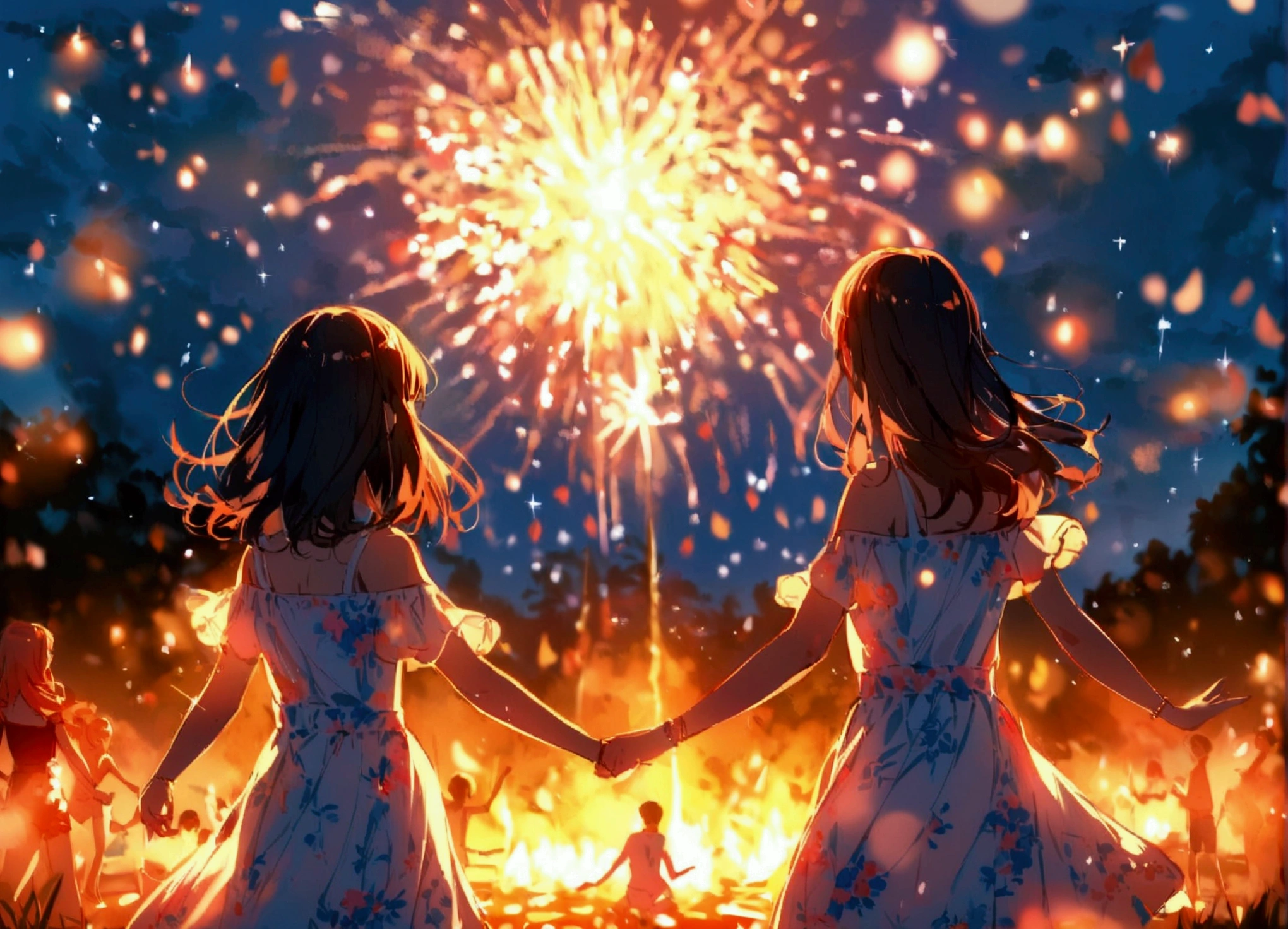 Let's dance in a circle, young people, bonfire at night, summer vacation, distant view, best picture quality