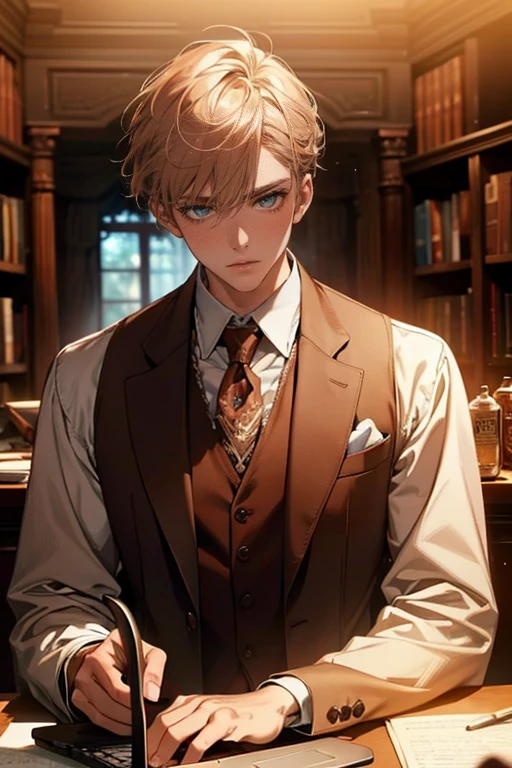 (Masterpiece artwork, high resolution, ultra detali:1.0), (1 young boy, young male), Eyes looking at the camera, perfect male body, extremely detailed CG, 8 k wallpaper, Complicated Details, just people, face detailed,(chestnut hair, eyes browns, white  shirt, brown overcoat,brown suit vest, cups, shadowy face, Sit in front of the laptop, Behind her is a large bookshelf, sitting at the work table, I was in the workroom), Color difference, Depth of field, dramatic shadow, Ray tracing, best qualityer, cinematic lighting, Dark lighting of the room, offcial art