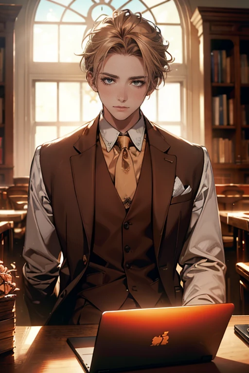 (Masterpiece artwork, high resolution, ultra detali:1.0), (1 young boy, young male), Eyes looking at the camera, perfect male body, extremely detailed CG, 8 k wallpaper, Complicated Details, just people, face detailed,(chestnut hair, eyes browns, white shirt, brown overcoat,brown suit vest, cups, shadowy face, Sit in front of the laptop, Behind her is a large bookshelf, sitting at the work table, I was in the workroom), Color difference, Depth of field, dramatic shadow, Ray tracing, best qualityer, cinematic lighting, Dark lighting of the room, offcial art