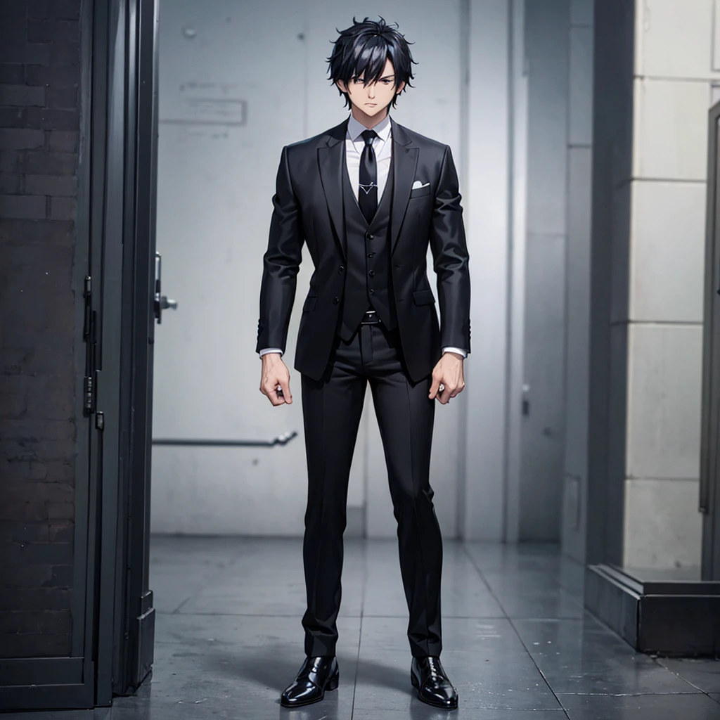 A man wearing a black suit and black tie, black hair, black pants, black shoes, muscular, full body
