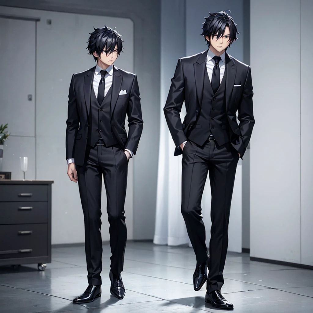 A man wearing a black suit and black tie, black hair, black pants, black shoes, muscular, full body
