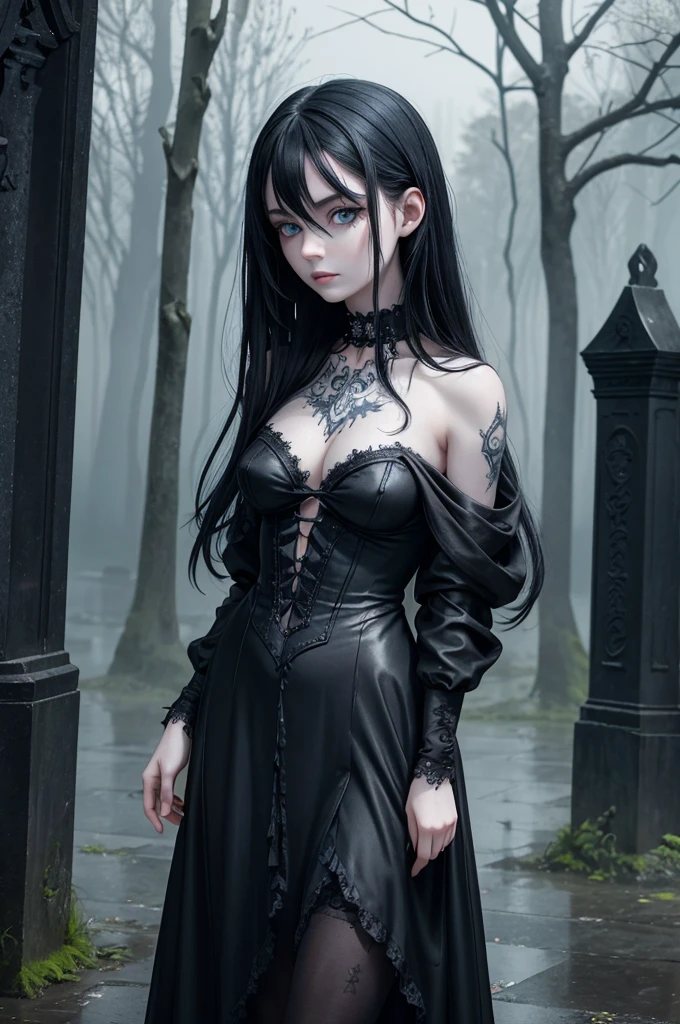 A hauntingly beautiful gothic figure emerges from the gloom, a broken doll of a woman with a cascade of black hair and piercing blue eyes. Scars mar her delicate features, and intricate tattoos adorn her pale skin. Clad in somber gothic attire, she stands amidst the rain-soaked gravestones, a vision of eerie elegance. This high-quality image, perhaps a painting or photograph, captures the melancholic beauty of a mysterious and enigmatic character, drawing viewers into her captivating presence. visible bloddy scar on the face, thunder in the sky, body halve shatterd porcelan, the other halve is of flesh and blood giving her a creepy allure