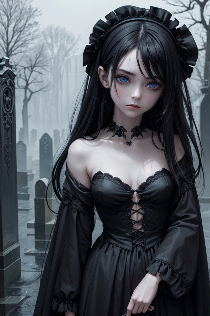 A hauntingly beautiful gothic figure emerges from the gloom, a broken doll of a woman with a cascade of black hair and piercing blue eyes. Scars mar her delicate features, and intricate tattoos adorn her pale skin. Clad in somber gothic attire, she stands amidst the rain-soaked gravestones, a vision of eerie elegance. This high-quality image, perhaps a painting or photograph, captures the melancholic beauty of a mysterious and enigmatic character, drawing viewers into her captivating presence. visible bloddy scar on the face, thunder in the sky, body halve shatterd porcelan, the other halve is of flesh and blood giving her a creepy allure