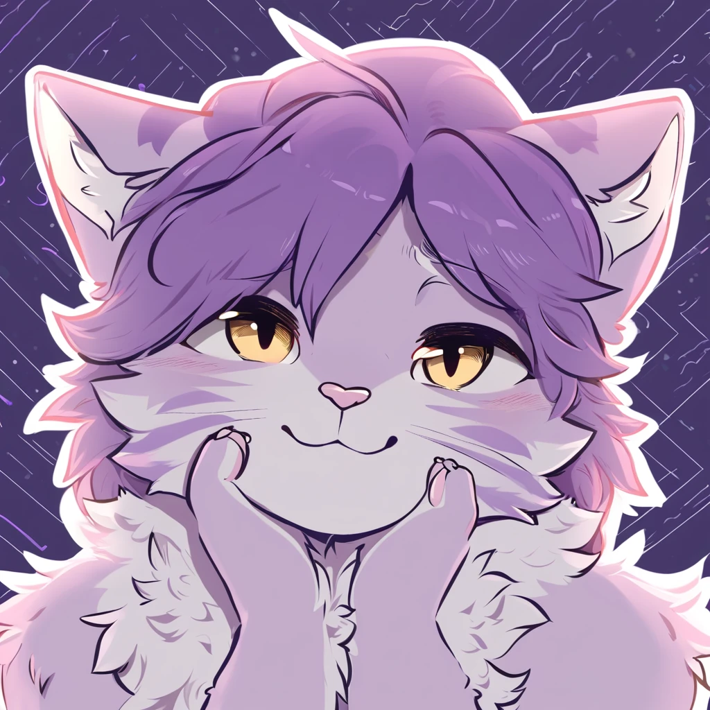 adult, feline, mammal, anthro, anthropomorphic, cat, striped, fur, striped_feline, fur, male, light_purple, purple_hair, fluffy, white, white_chest, shy, small_pupils, digital_art, high_resolution, high_res, hand-drawn, pencil_lines, head_visible, background, neck_visible, seductive_face, detailed_line_work, profile_picture, head_visible, neptune_background, purple_background, cute, white, posing, finger_paws, dream_pose, headshot, head_only, small_pupils, seducted_face, tufts, paws, chest