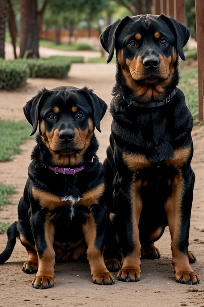 The mescal of a rottweiler and a black dachshund