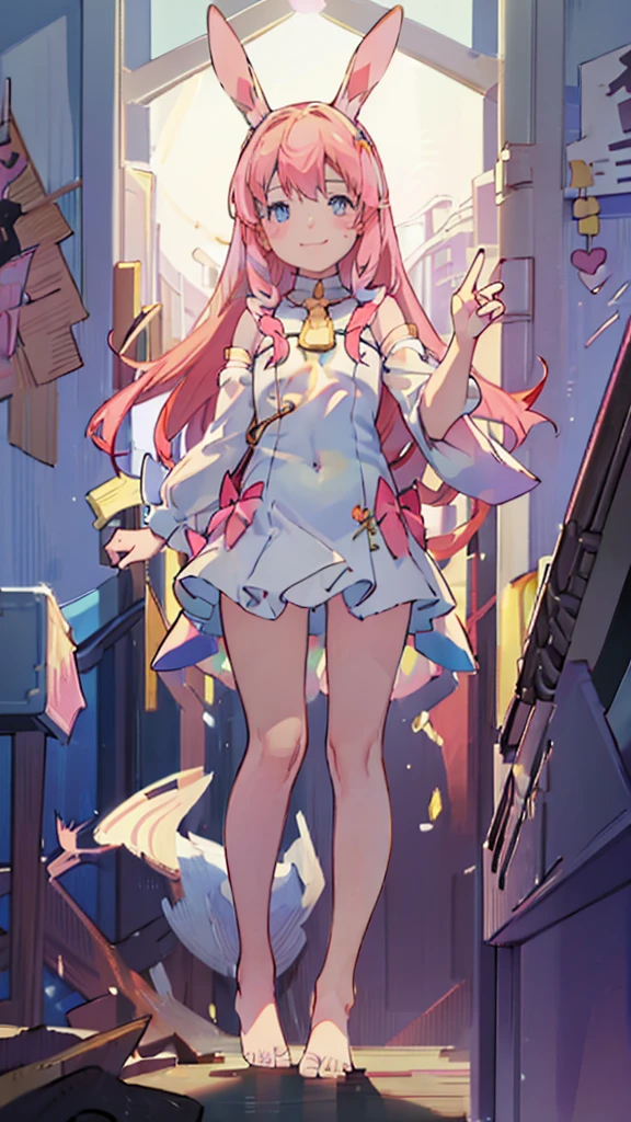 ((masterpiece))((Highest quality))Rabbit Ears、girl、smile、blush、Flat Chest、Are thin、Pink Hair、blush、Are standing、Whole body image、Even your toes are visible、Eye level on face、front、No background、Rabbit Pose、真frontのアングル、Pigtailoon Costume