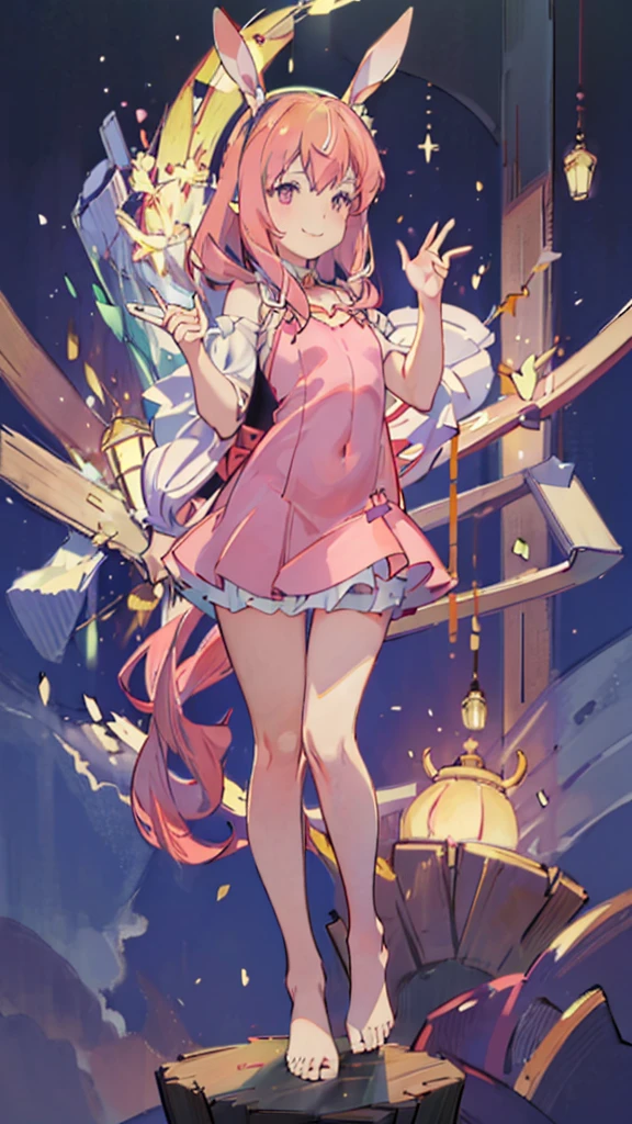 ((masterpiece))((Highest quality))Rabbit Ears、girl、smile、blush、Flat Chest、Are thin、Pink Hair、blush、Are standing、Whole body image、Even your toes are visible、Eye level on face、front、No background、Rabbit Pose、真frontのアングル、Pigtailoon Costume
