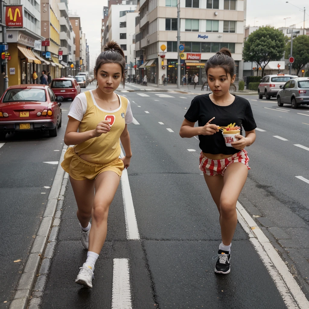 A young girl age one year old running with a french fries of mcdonald that mcdonald chases on the street with lots of burger and stips of french fries into the road.
